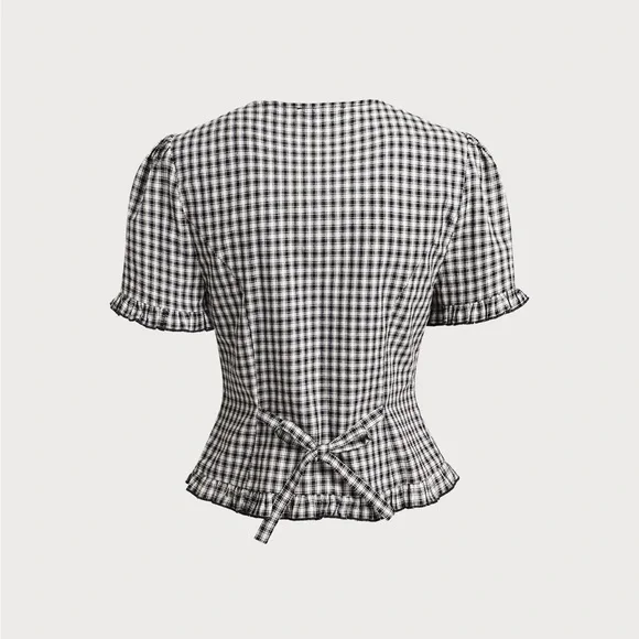 Rihoas Black Plaid V Neck Ruffle Blouse - Picture 6 of 9